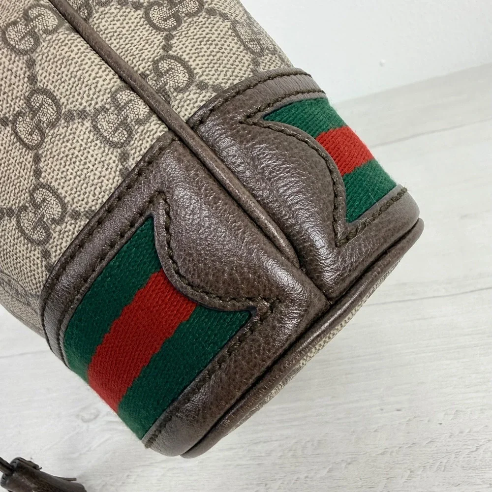 Gucci Ophidia Mini Bucket Crossbody Bag GG Supreme Web Stripe Tassel Luxury Chic